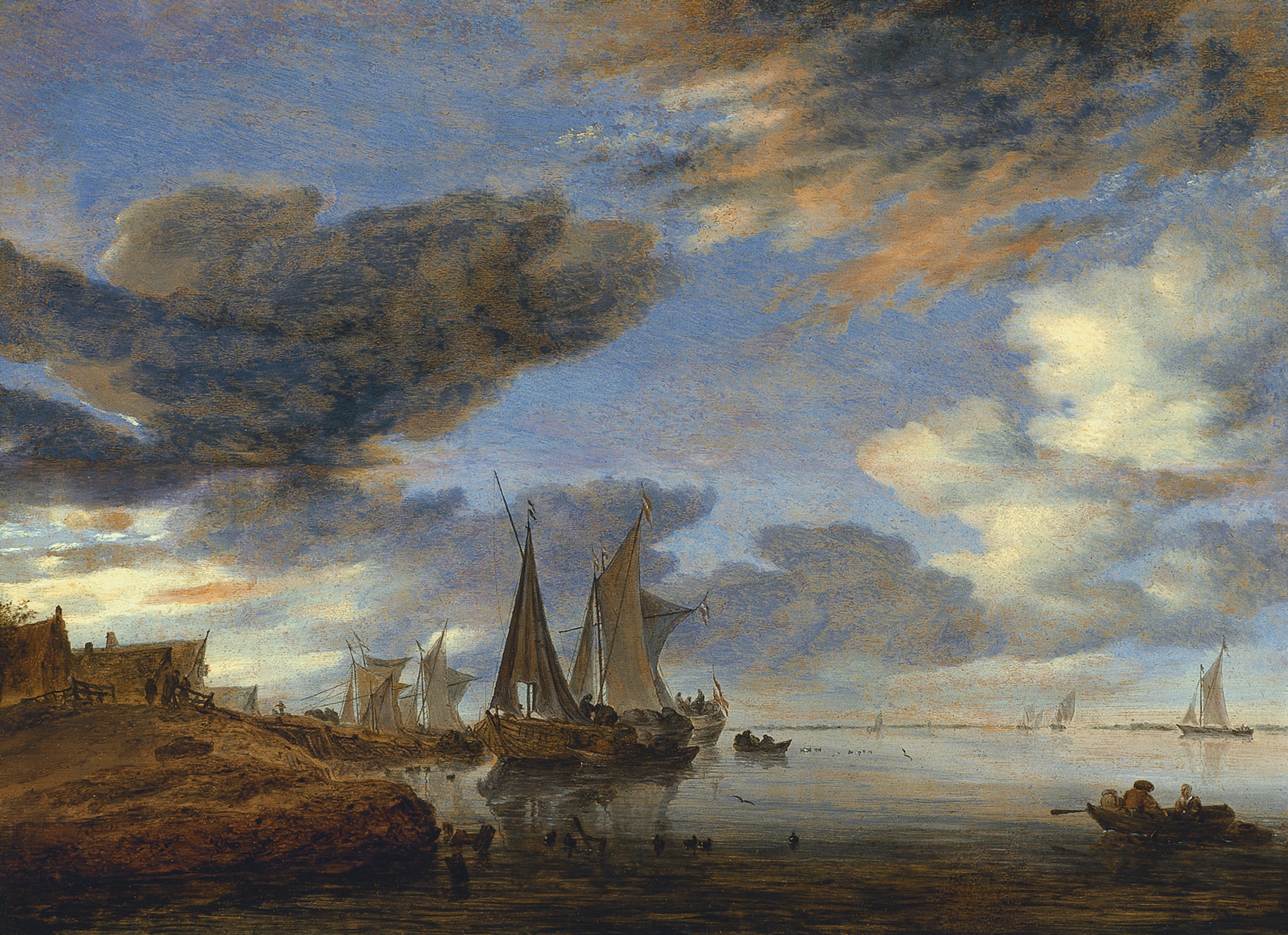 Sailing Vessels moored near a Village. Veleros junto a una aldea, 1660