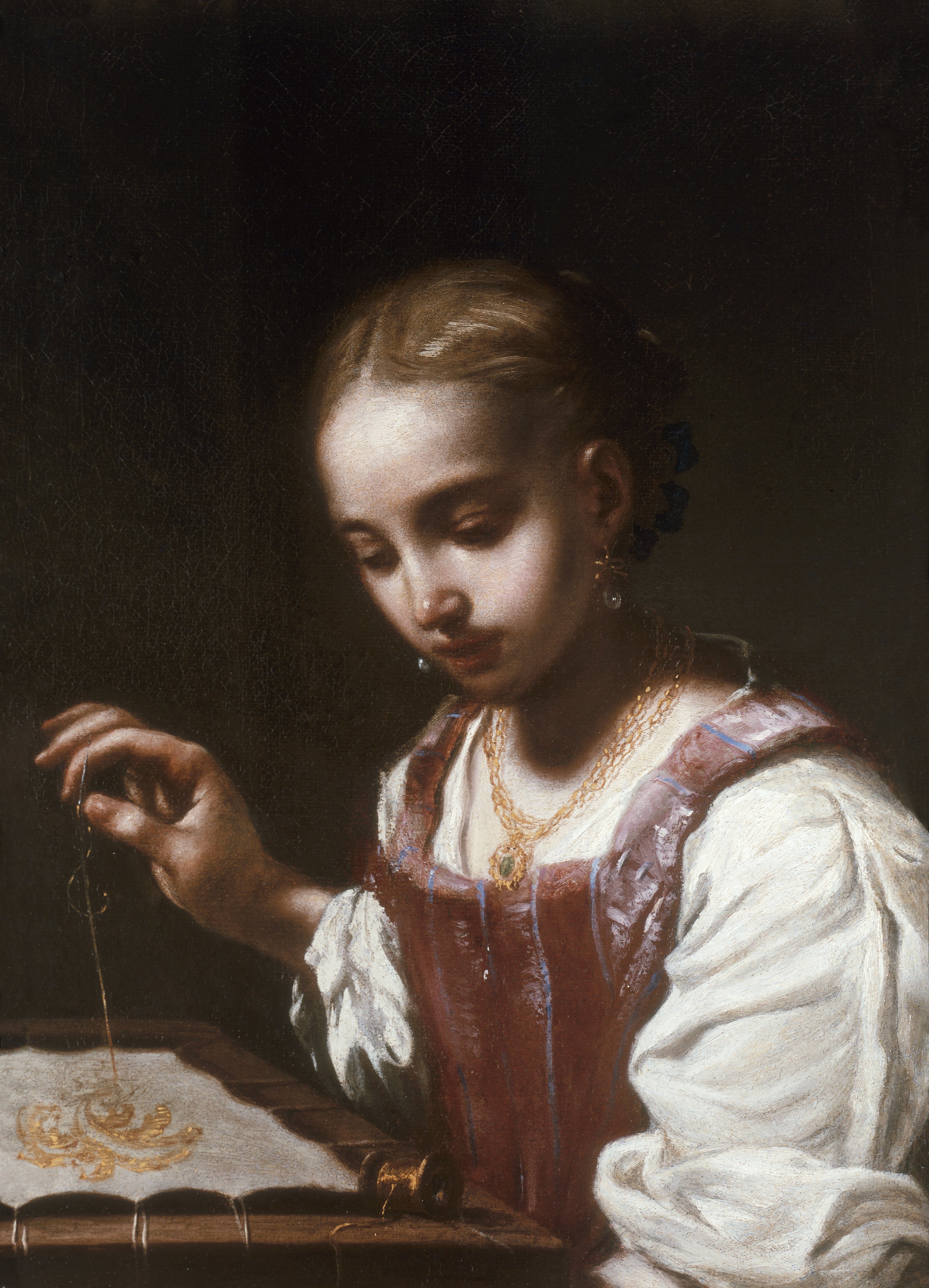 Girl Sewing. Muchacha cosiendo, c. 1720