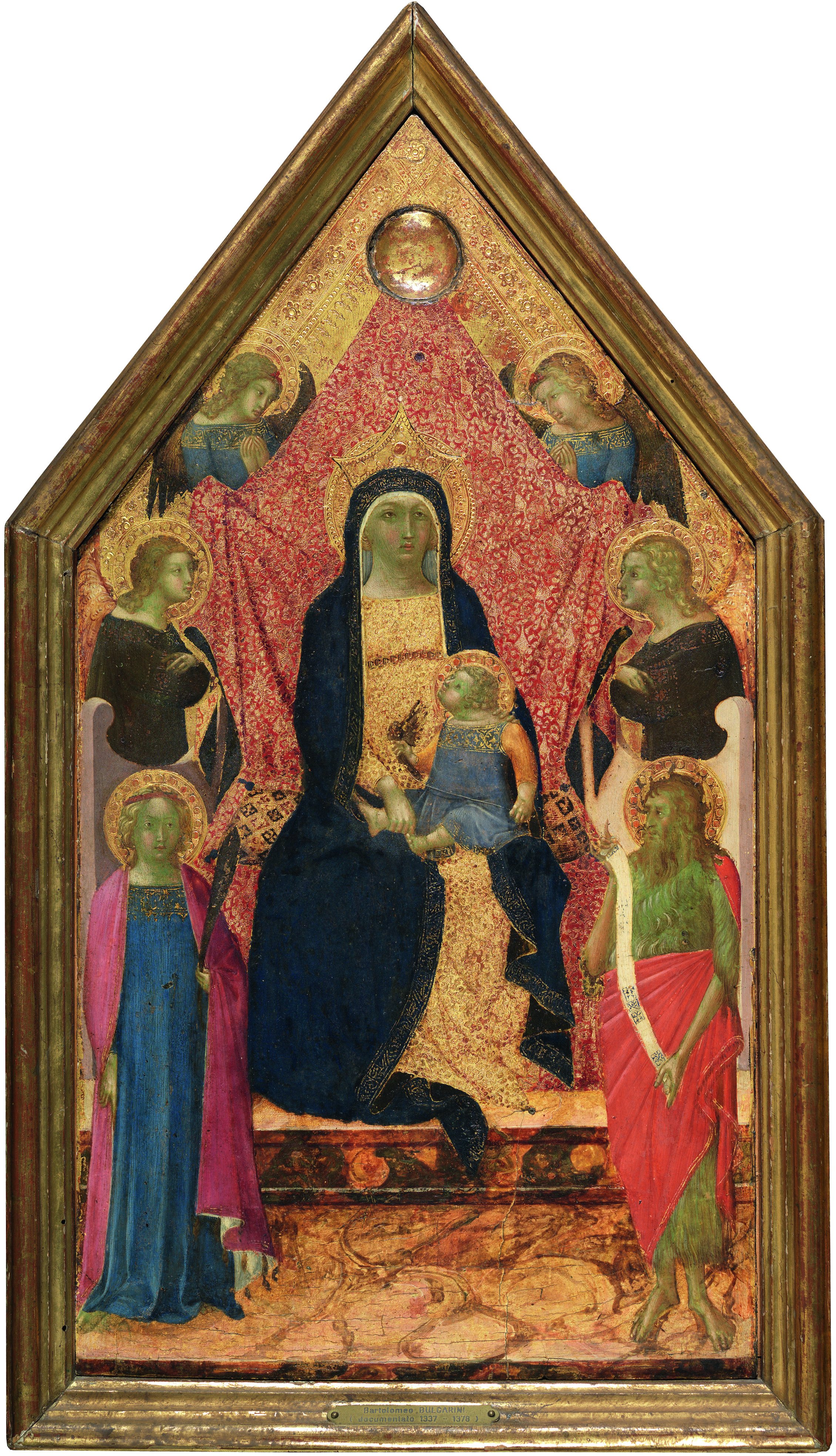 The Virgin and Child enthroned between four Angels, a Martyr Saint and Saint John the Baptist . La Virgen y el Niño entronizados entre cuatro ángeles, una mártir y san Juan Bautista, c. 1340-1345