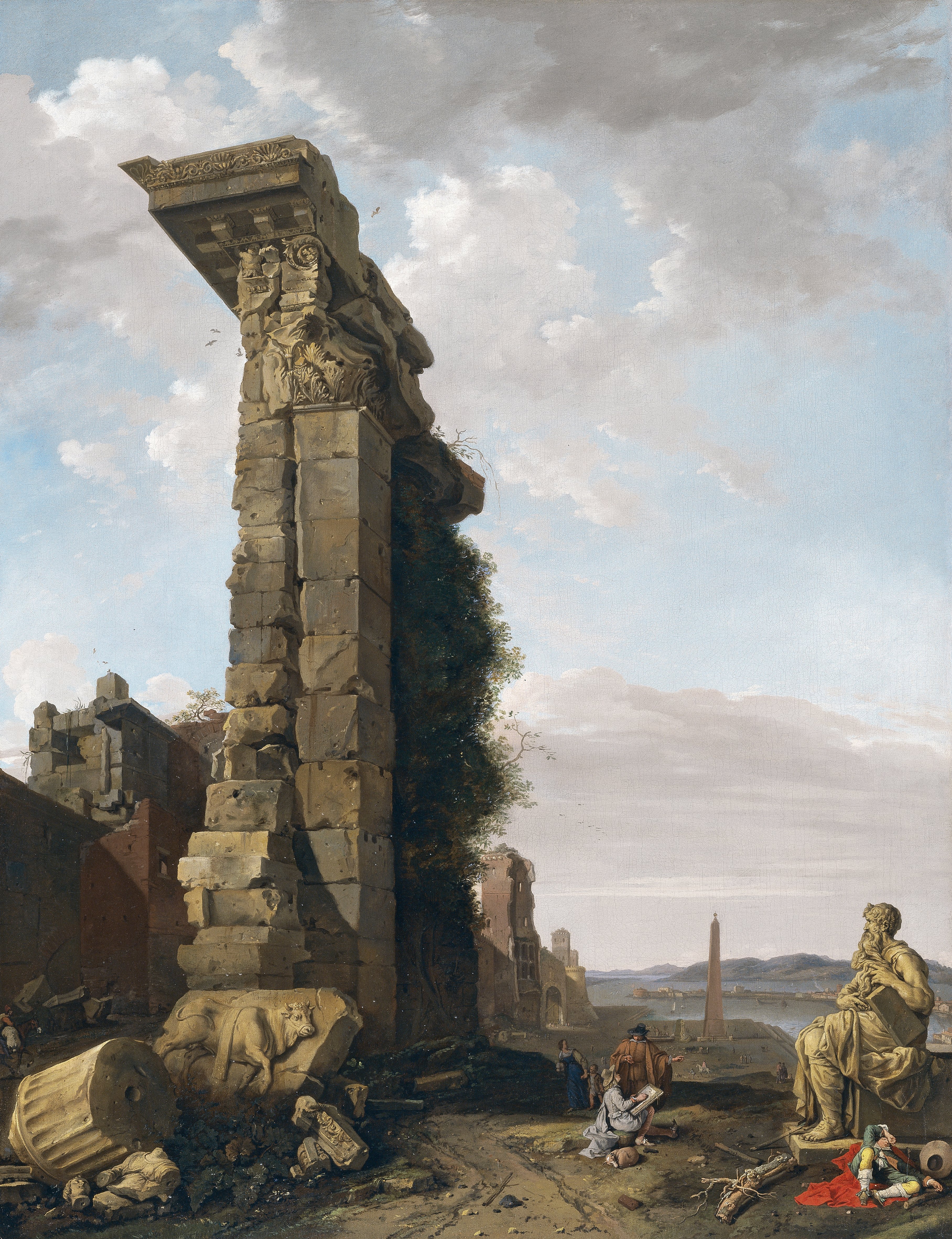 Vista idealizada con ruinas romanas esculturas y un puerto. Bartholomeus Breenbergh