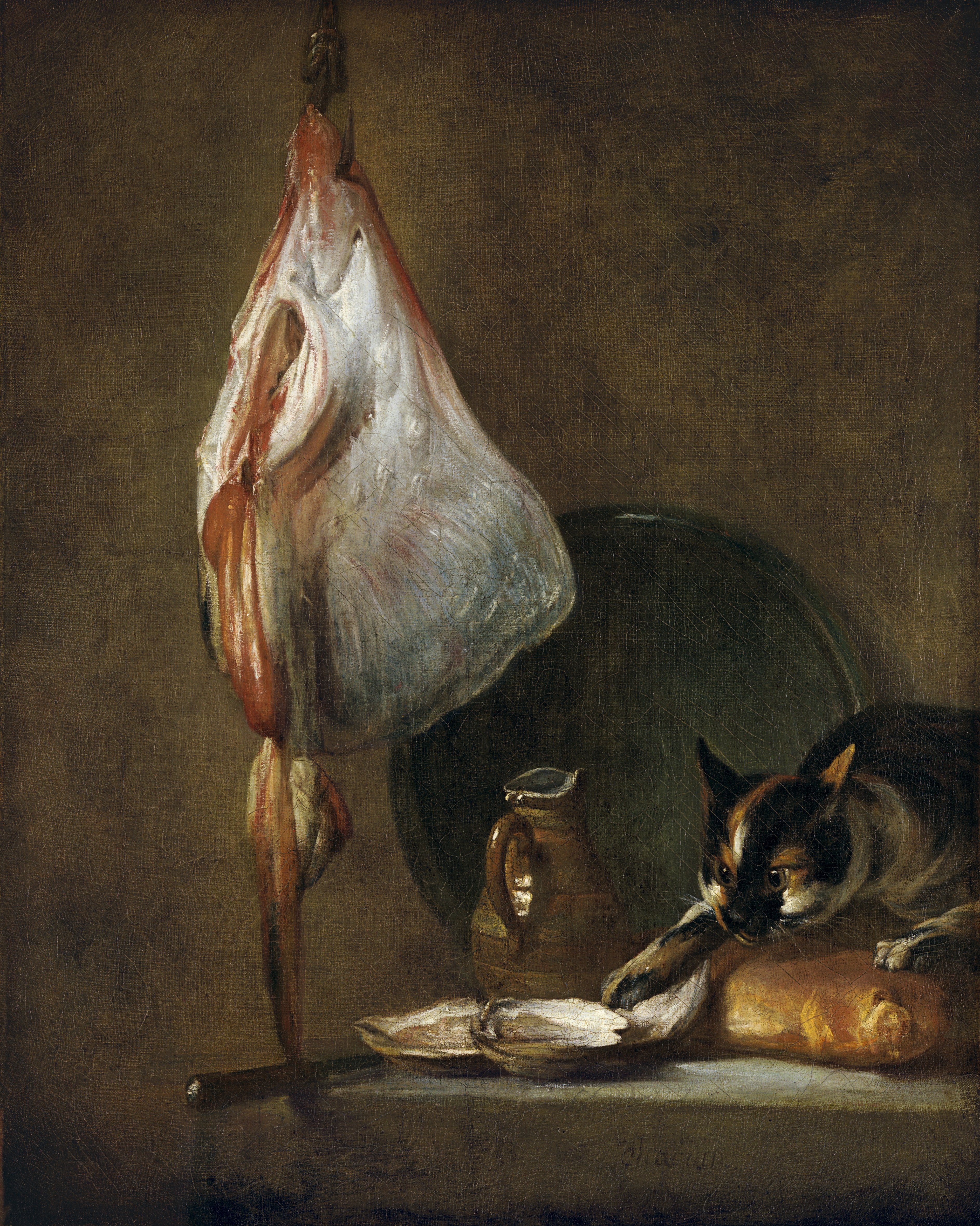Bodegón con gato y raya. . Jean-Baptiste-  Siméon Chardin