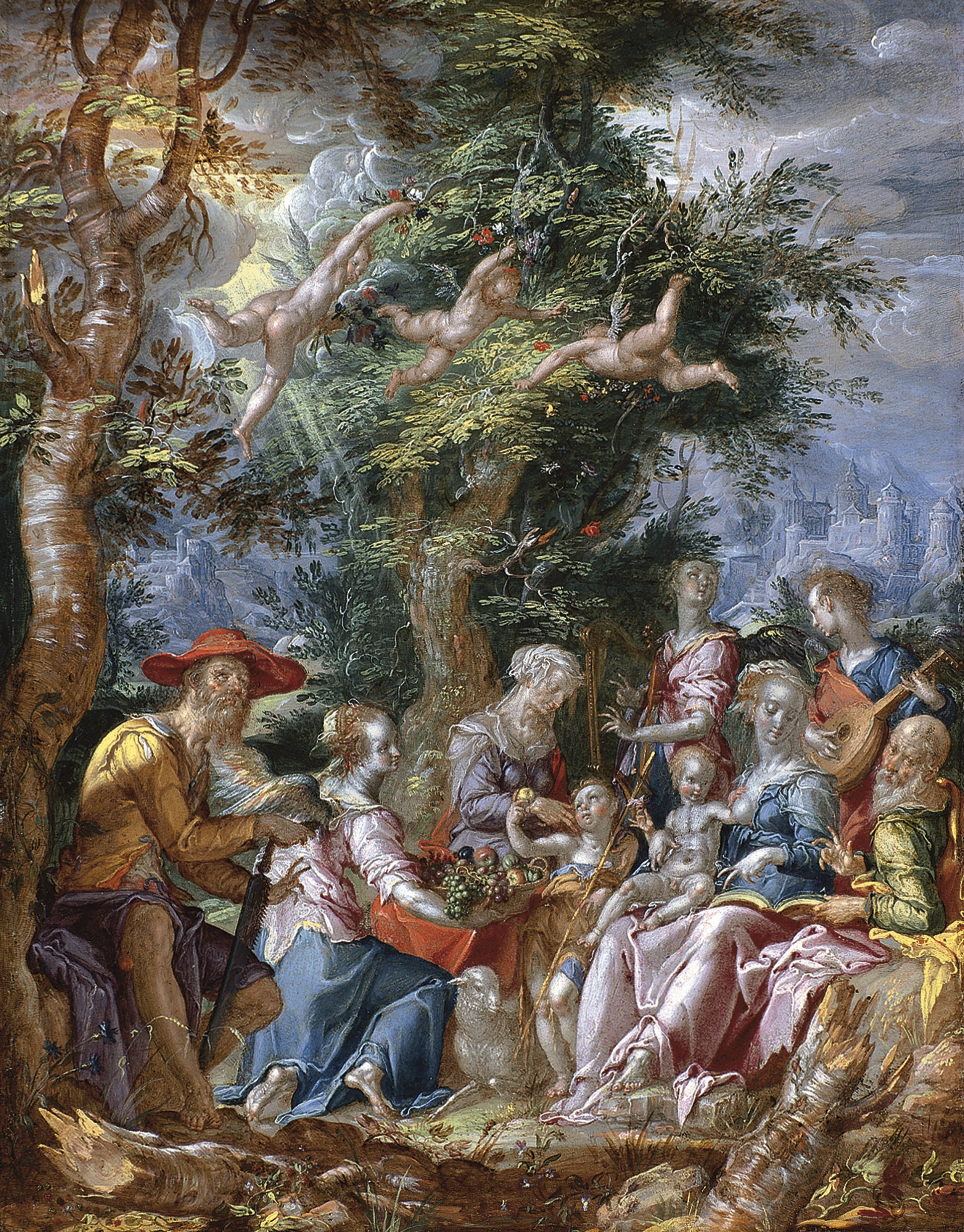 La Sagrada Familia con ángeles y santos. Joachim Antonisz. Wtewael