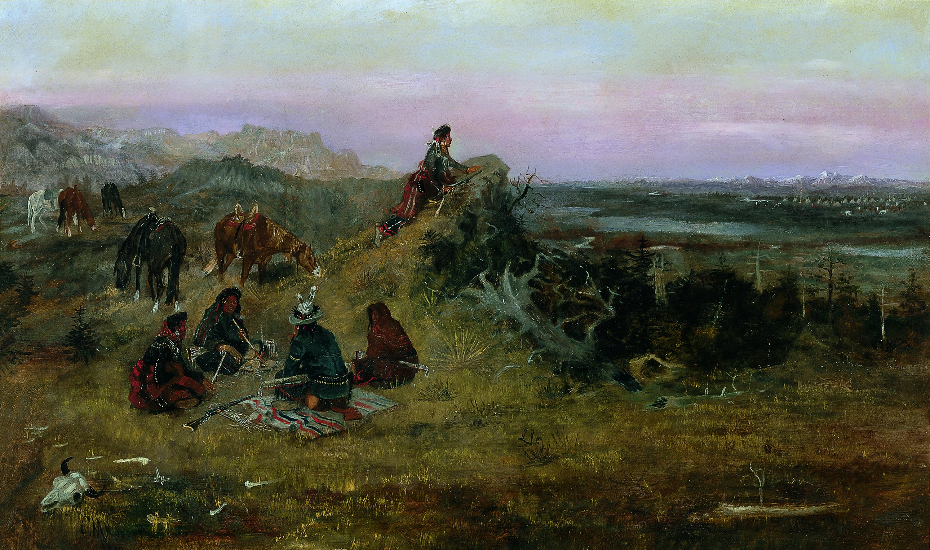 The Piegans preparing to Steal Horses from the Crows. Los "piegan" preparándose para robar caballos a los "crow", 1888