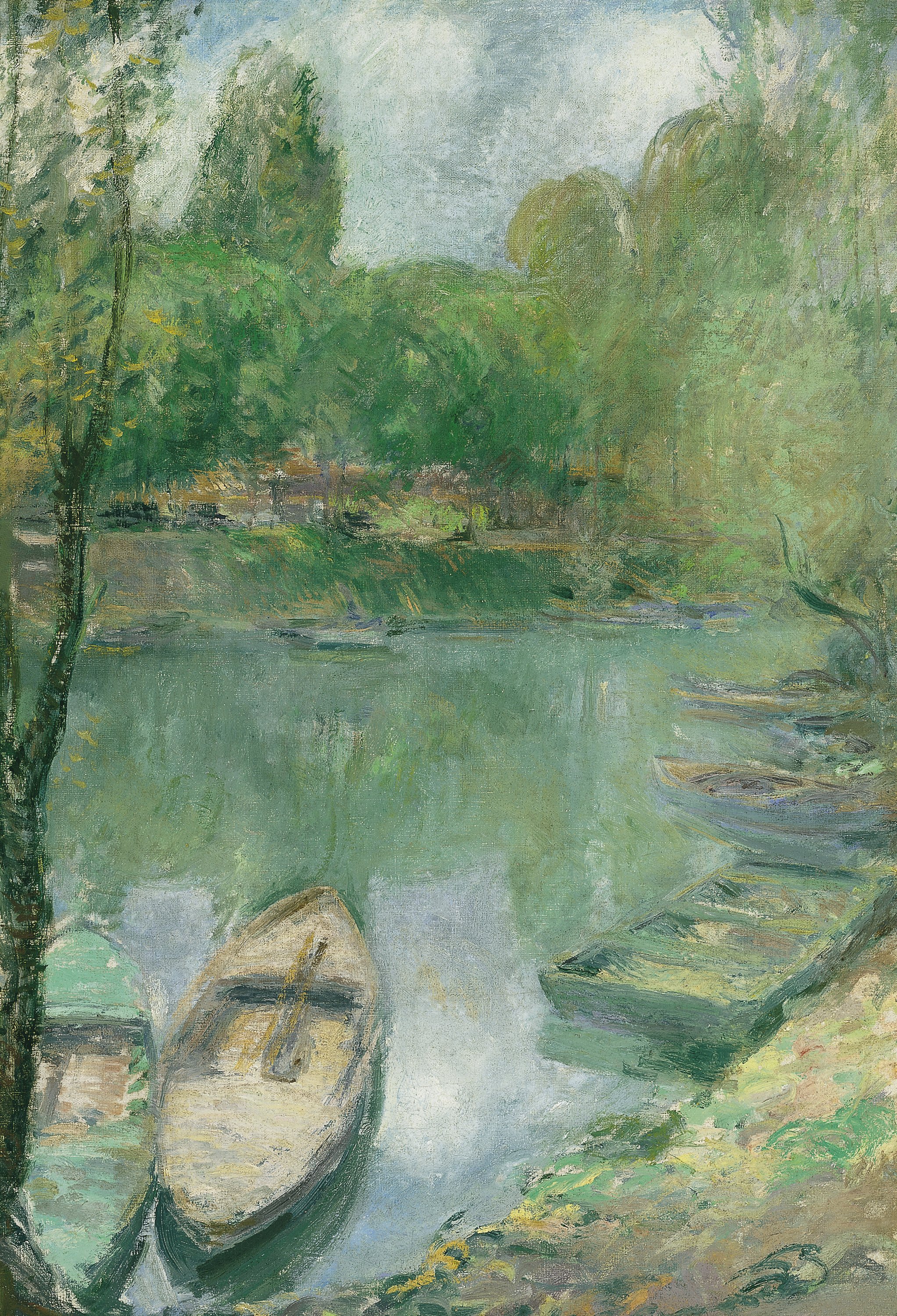 Barcas amarradas en un estanque. John Henry Twachtman