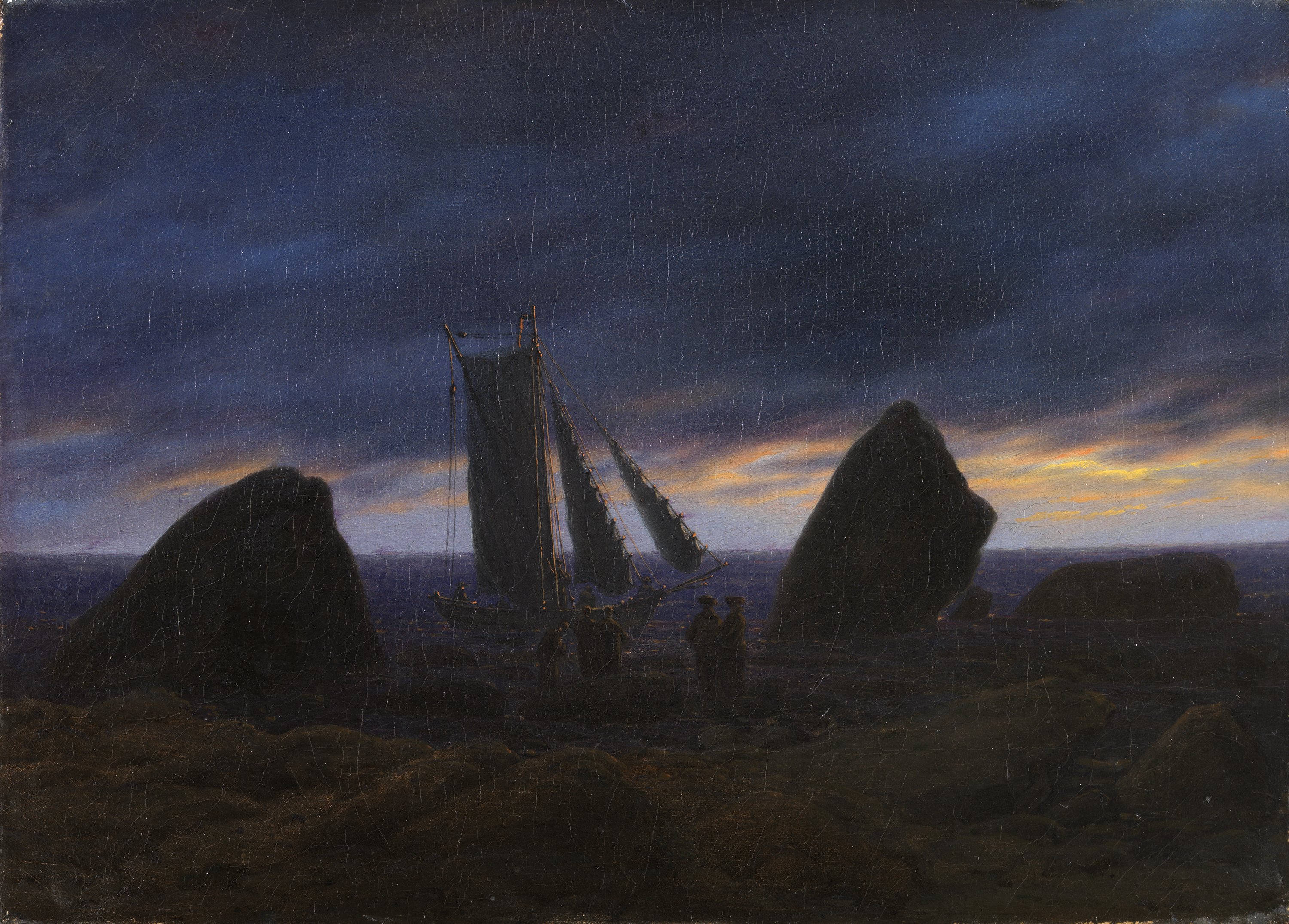 Barco de pesca entre dos rocas en una playa del Mar Báltico. Caspar David Friedrich