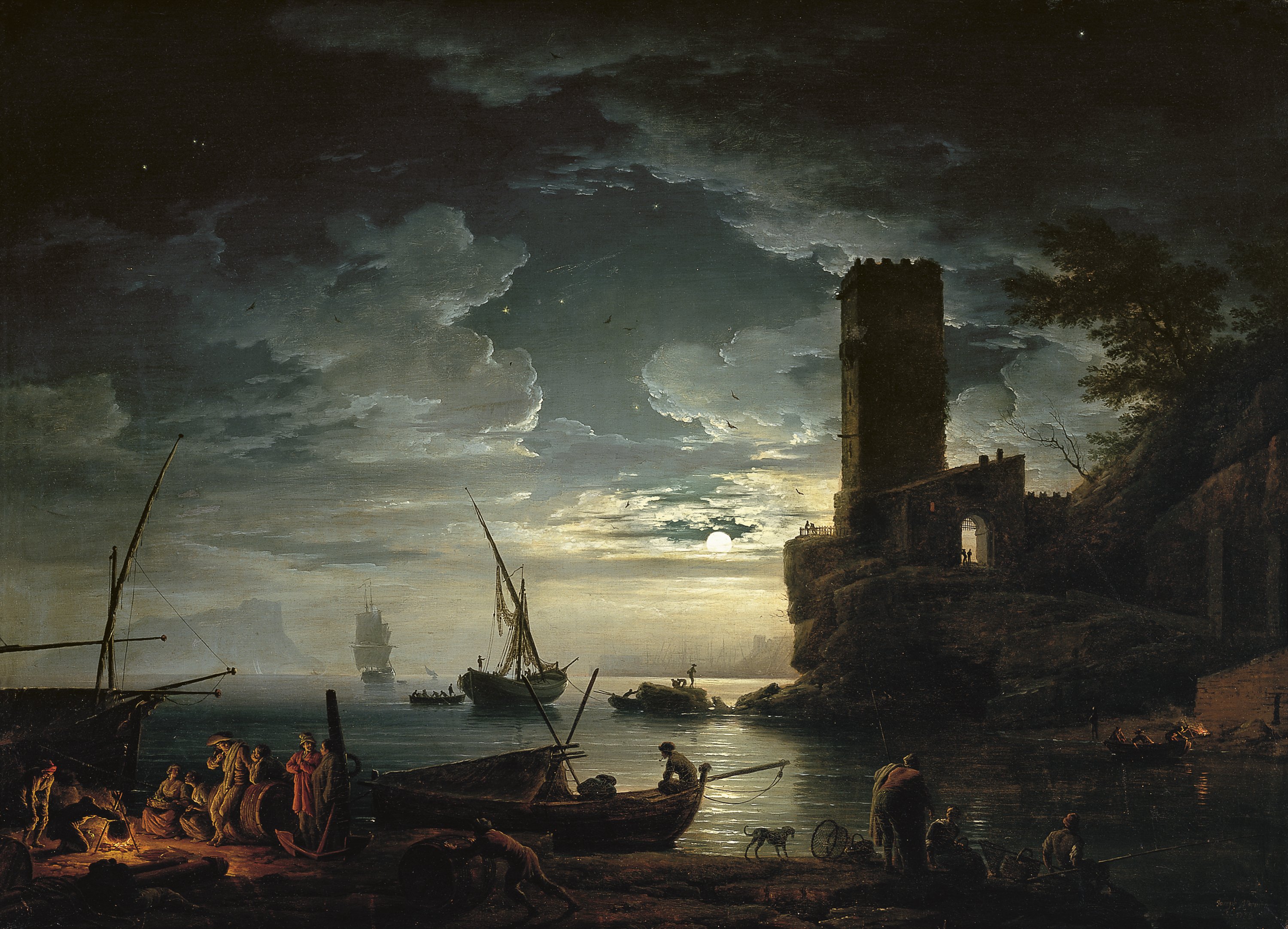 Noche: escena de la costa mediterránea con pescadores y barcas. Claude Joseph Vernet