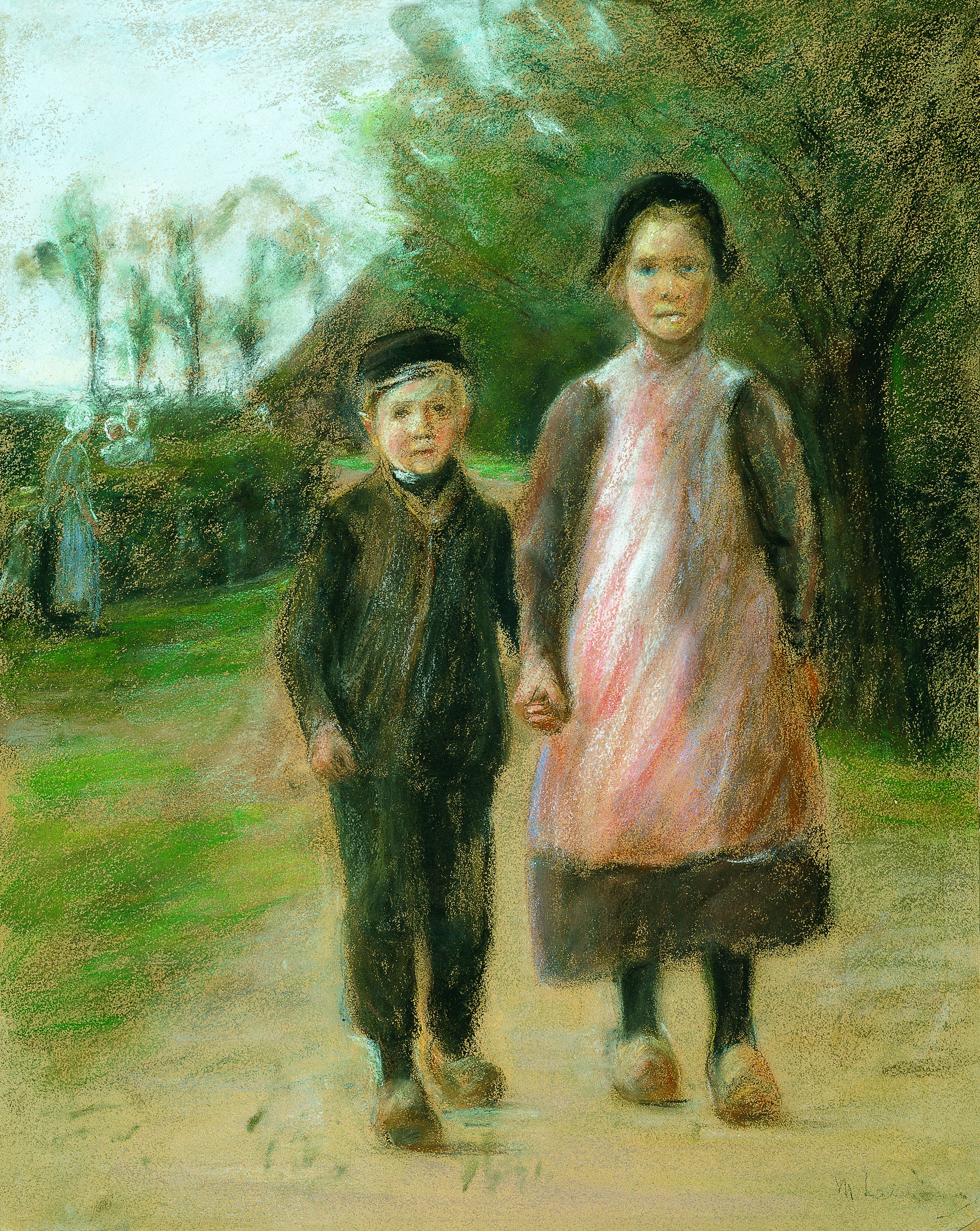 Niño y niña en una calle de pueblo. Max Liebermann