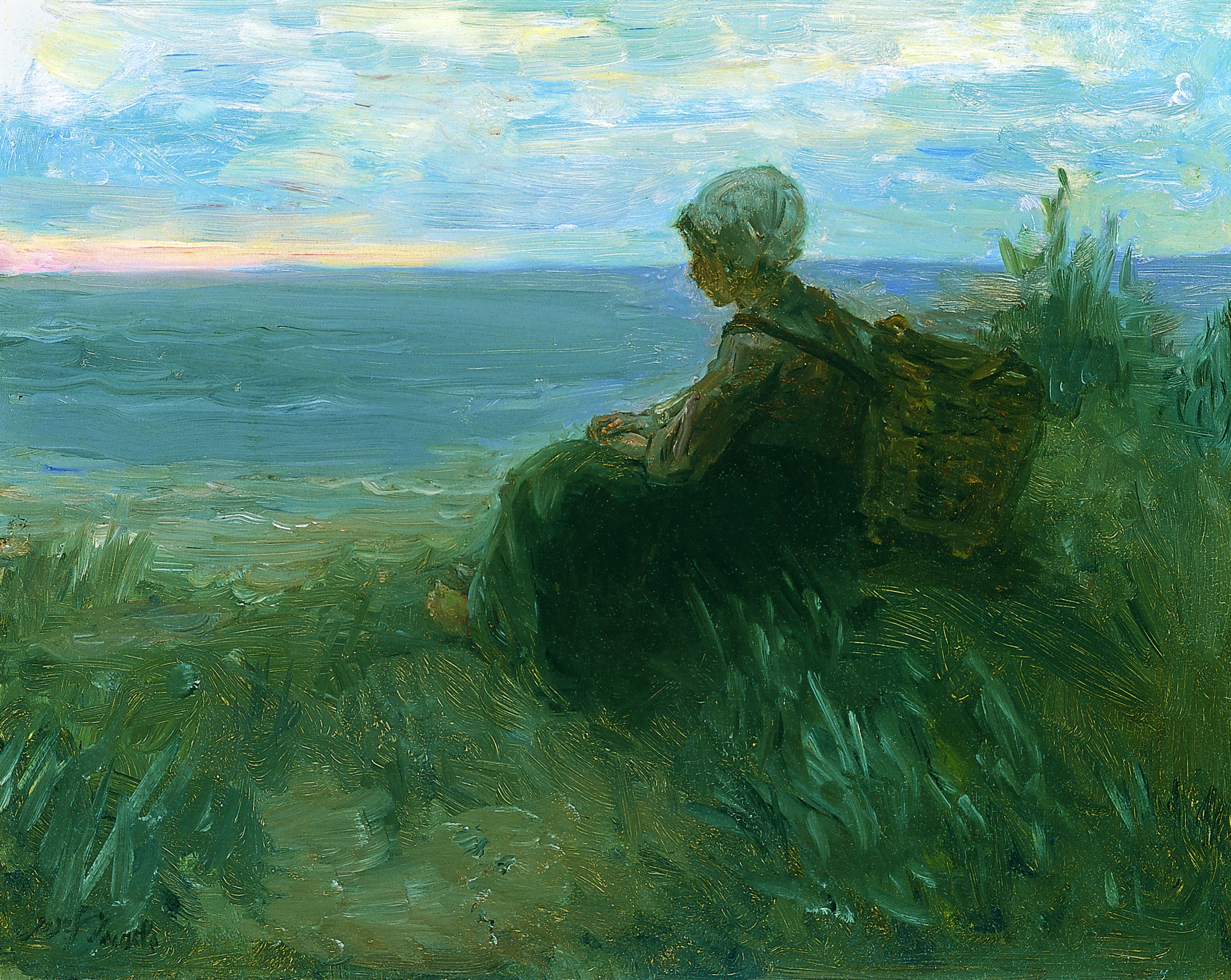 A Fishergirl on a Dune-Top Overlooking the Sea. Mujer de un pescador oteando el horizonte sobre una duna, c. 1900