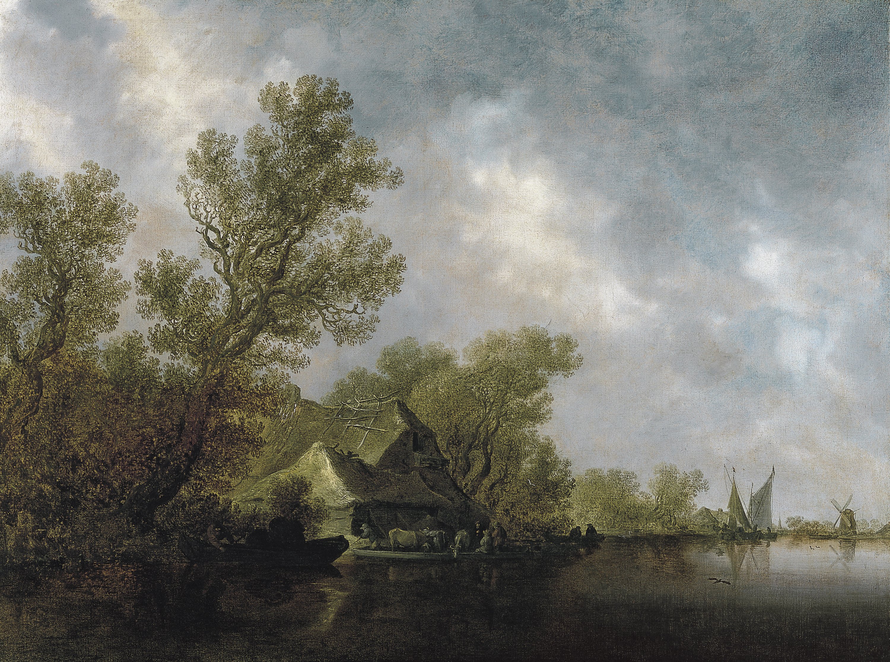 River Landscape with Ferry Boat and Cottages. Paisaje fluvial con transbordador y cabañas, 1634