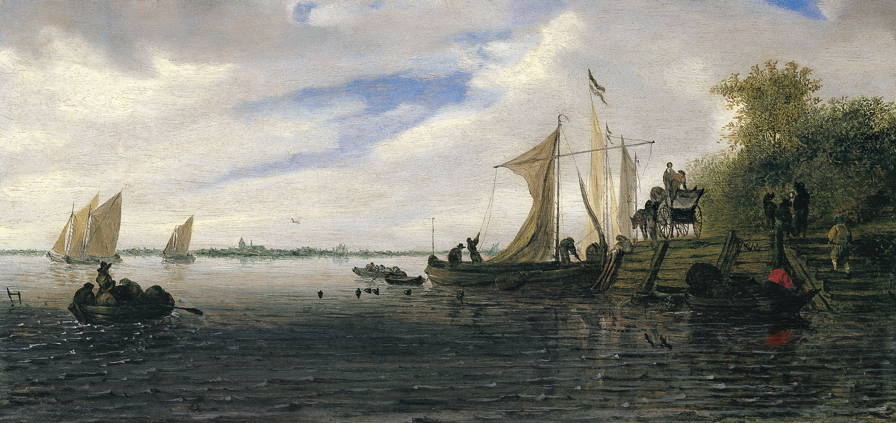 Paisaje fluvial con figuras y un carro en un embarcadero y barcas navegando. Salomon Jacobsz. van Ruysdael