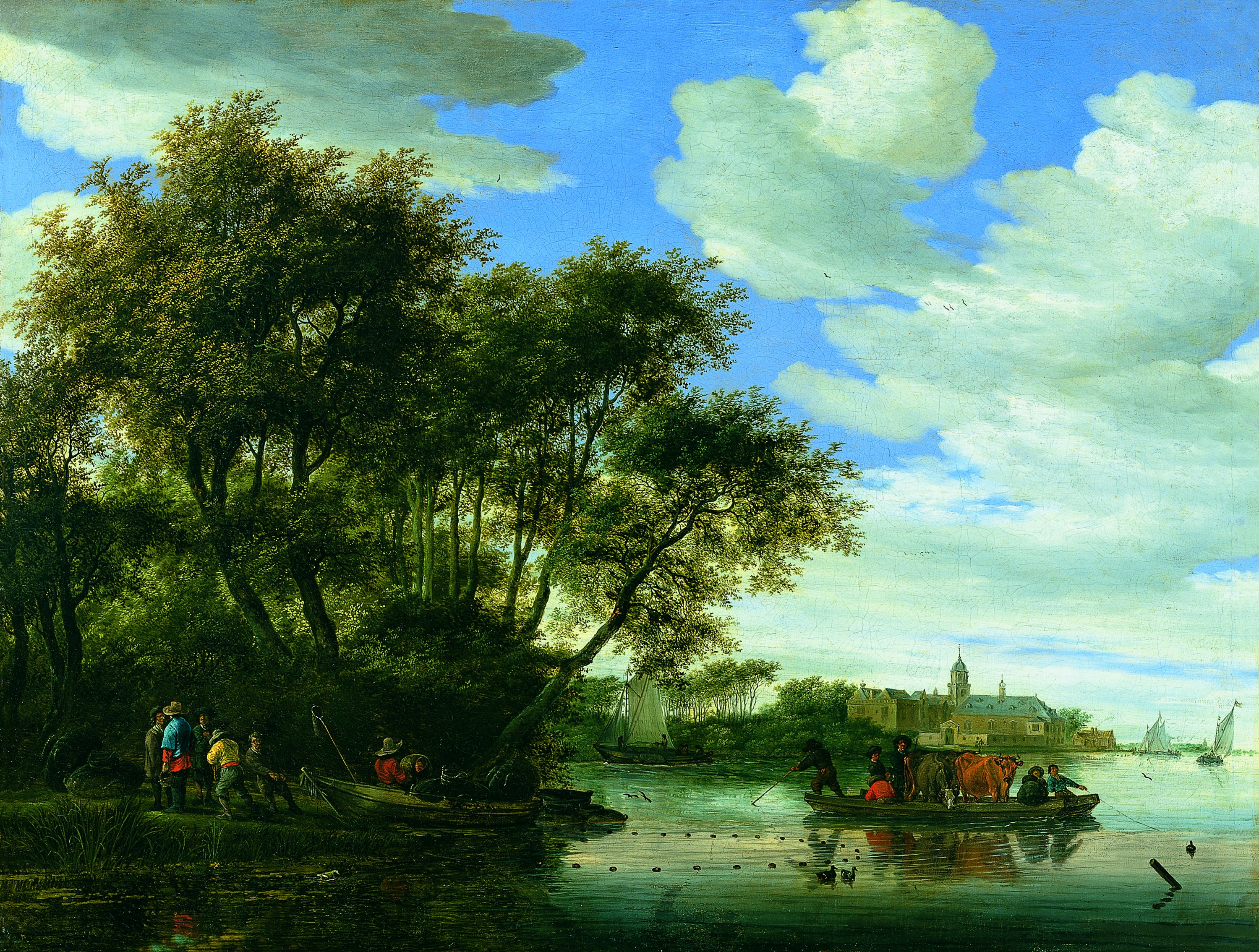 A View of the River Vecht with a Ferry and Fishermen, and Nijenrode Castle in the Distance. Vista del río Vecht, con un embarcadero, pescadores y el Castillo de Nijenrode en la lejanía, 1663