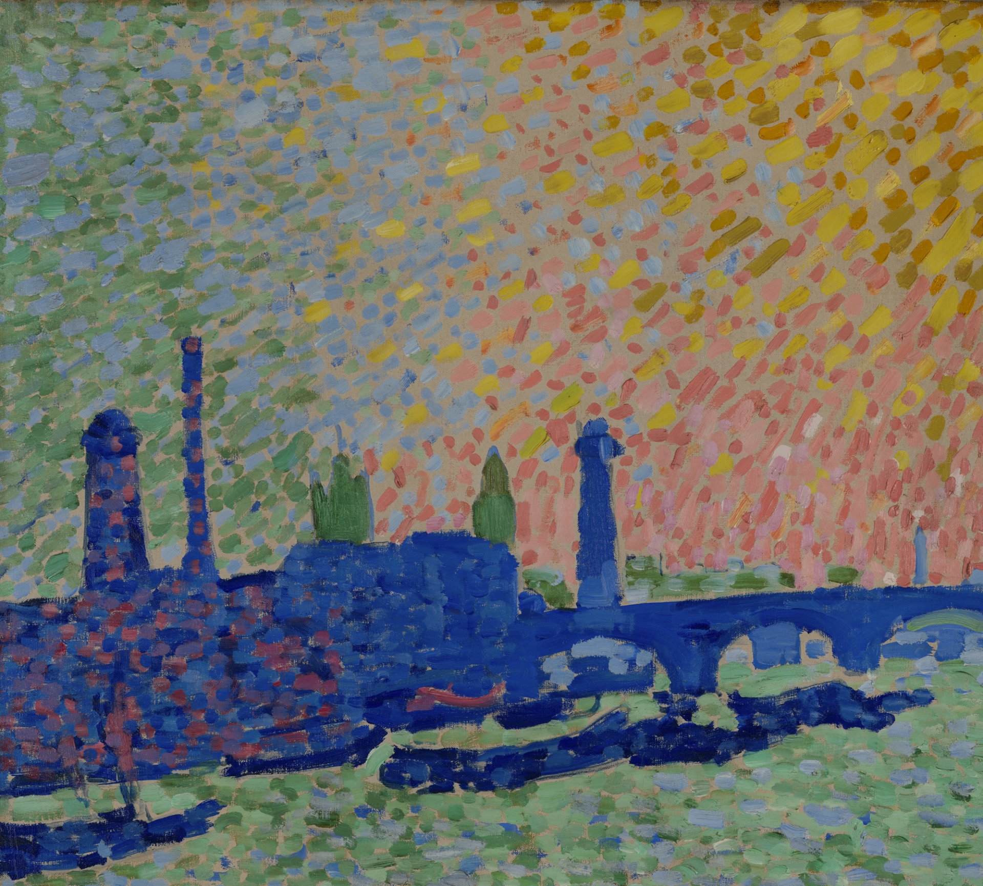 Detail of the painting “Waterloo Bridge” by André Derain, before restoration Detail of the painting “Waterloo Bridge” by André Derain, before restoration