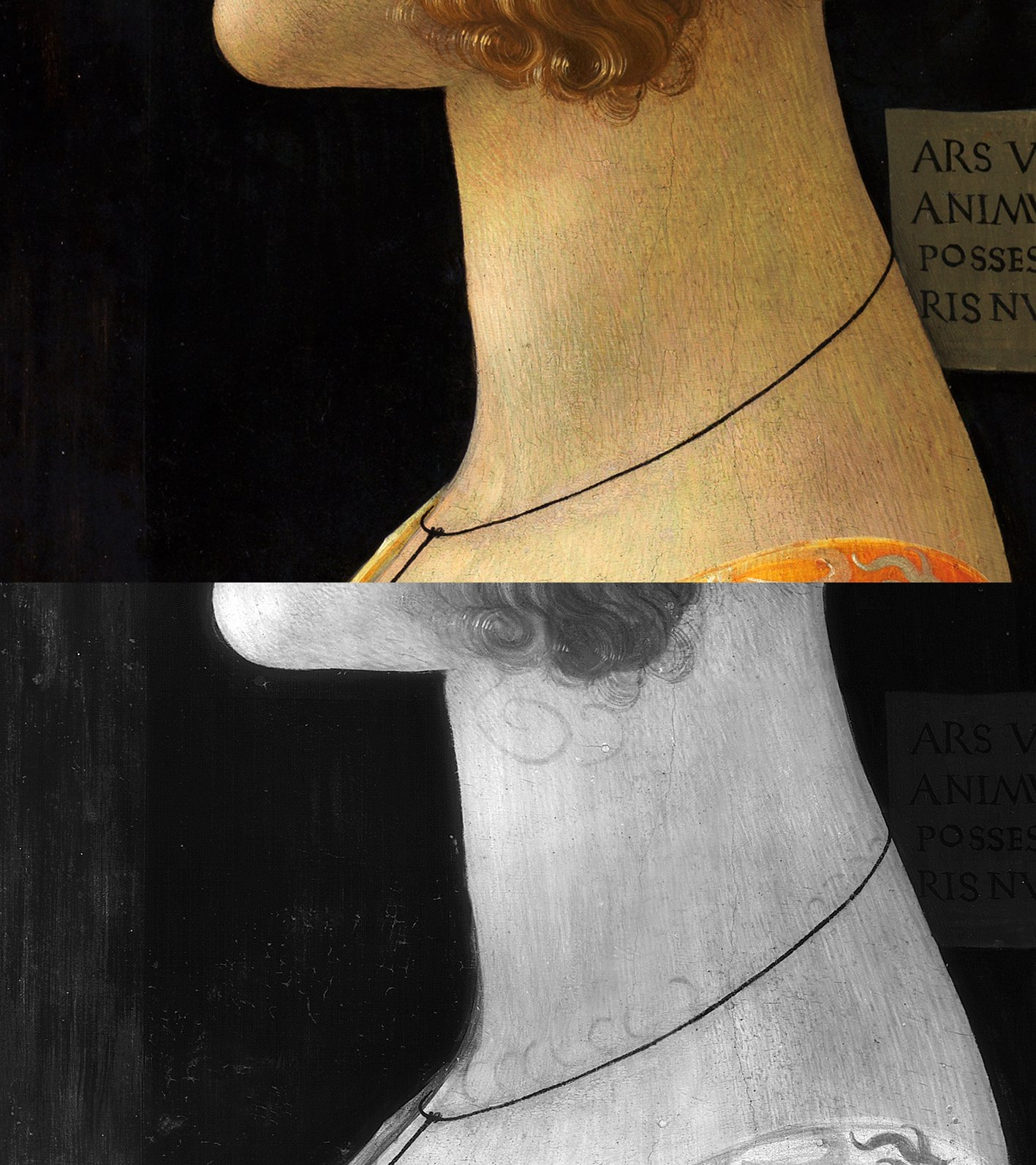 Comparative detail of the visible image and infrared reflectography of “Portrait of Giovanna Tournabuoni” by Ghirlandaio