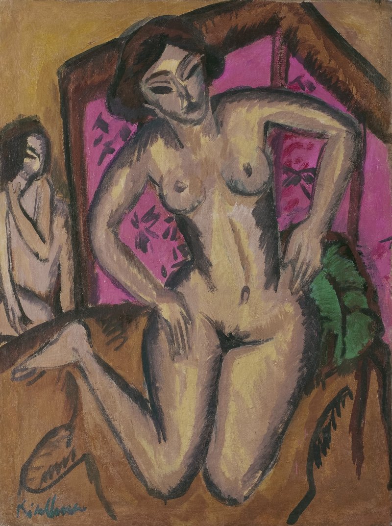 Desnudo de rodillas ante un biombo rojo (reverso: Desnudo sentado con pierna doblada). Ernst Ludwig Kirchner