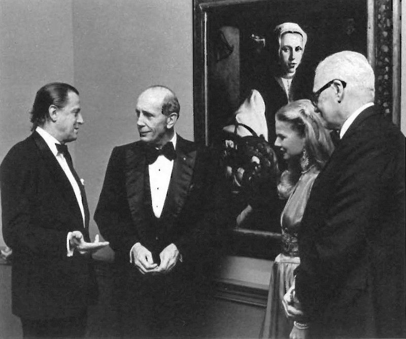 Inauguration of the exhibition "Old Master Paintings from the Collection of Baron Thyssen-Bornemisza", at the National Gallery of Art, Washington, in November 1979. In the image the baron, Harry J. Gray, the baron's fourth wife, Denise Shorto, and John R. Stevenson