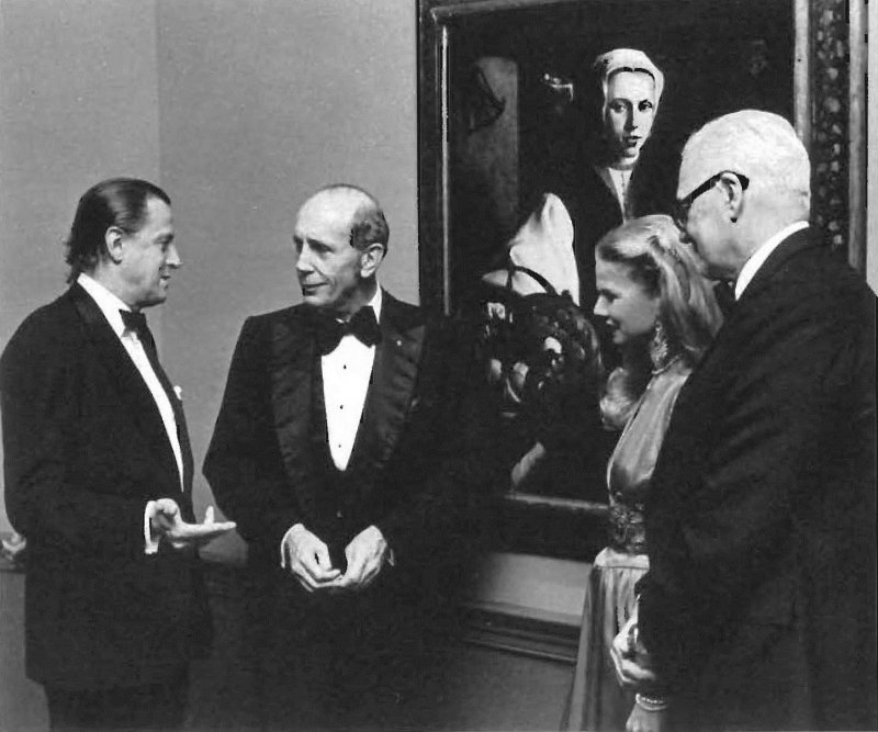 Inauguration of the exhibition "Old Master Paintings from the Collection of Baron Thyssen-Bornemisza", at the National Gallery of Art, Washington, in November 1979. In the image the baron, Harry J. Gray, the baron's fourth wife, Denise Shorto, and John R. Stevenson