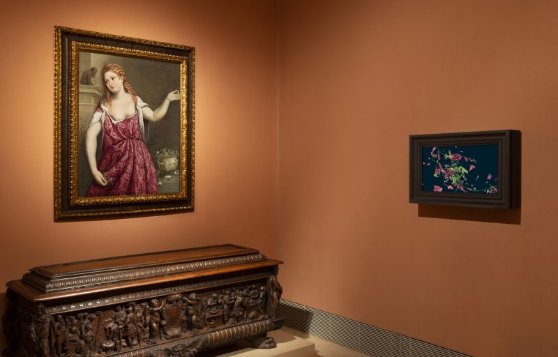 Obra de Marina Núñez junto a una obra de Bordone en sala 6 del Museo Nacional Thyssen-Bornemisza