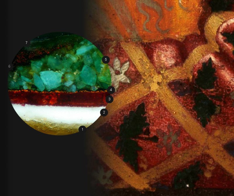 Microsample taken from the clothing of Ghirlandaio's painting "Portrait of Giovanna Tornabuoni"