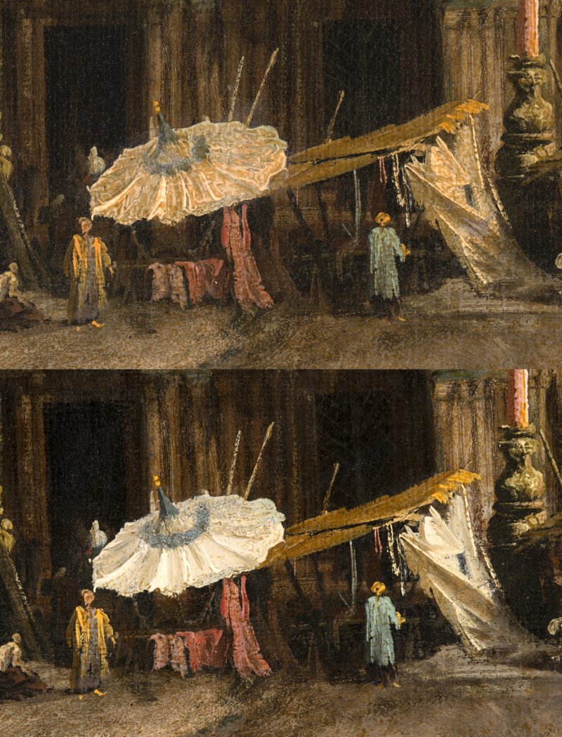 Detalle comparativo de la obra de “La plaza de San Marco en Venecia” de Canaletto, antes y después de la restauración.