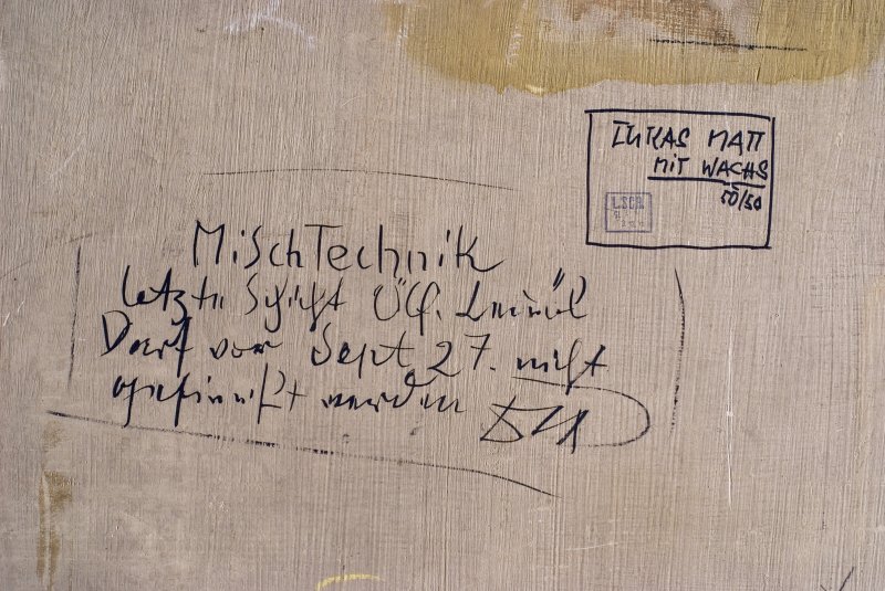 Detalle de la inscripción del reverso de la obra de Dix, “Hugo Erfurth con perro”