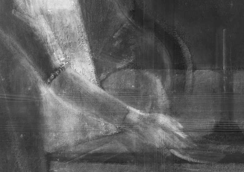 Detalle de la radiografía de la figura femenina de la obra de Balthus, “La partida de naipes”, 1948- 1950