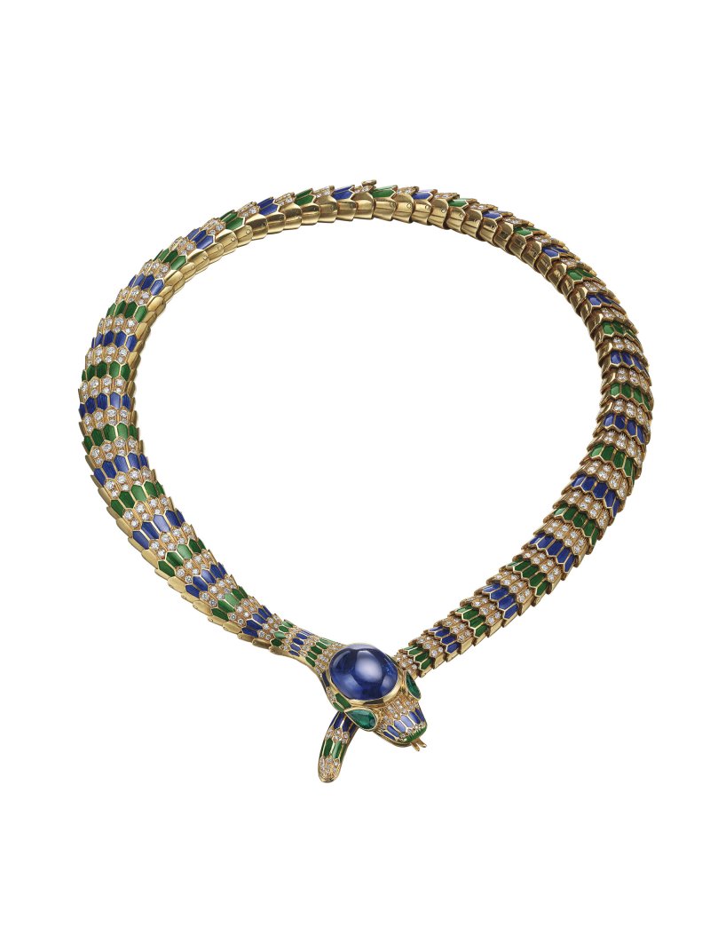 Serpenti necklace in gold with blue and green enamel, sapphire, emeralds and diamonds, ca. 1969. Bulgari Heritage Collection