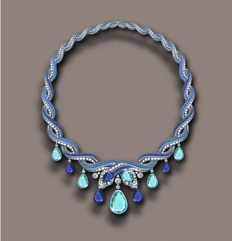 High Jewelry Serpenti necklace in white gold set with aquamarines and tanzanites, sapphires, diamonds and pavé diamonds. 