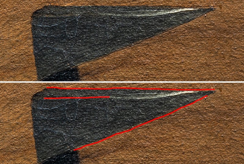 Detail of the incisions of the painting "Saint Catherine of Alexandria" by Caravaggio