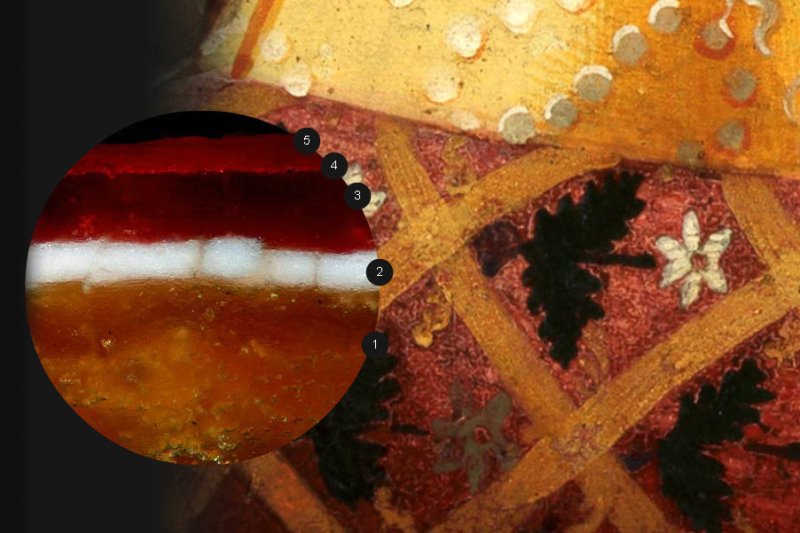 Microsample taken from the red decoration of the dress of Ghirlandaio's painting "Portrait of Giovanna Tornabuoni"