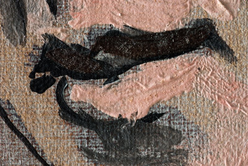 Detail of the macrophotography of the painting Harlequin with Mirror, by Picasso.