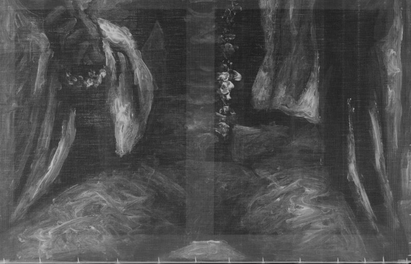 Detail of the X-ray showing a previous composition of the painting Harlequin with Mirror, by Picasso.