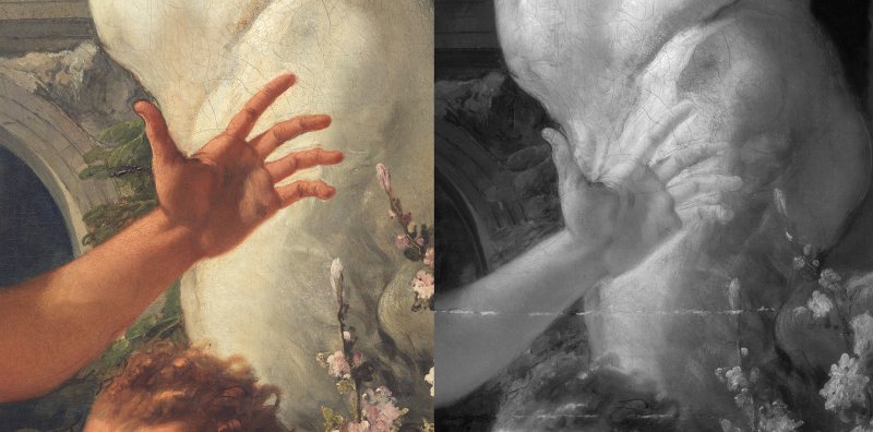 Detalle comparativo de la imagen visible y la imagen infrarroja de "La muerte de Jacinto" de Giambattista Tiepolo