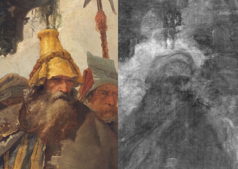 Detalle comparativo de imagen visible y radiografía de "La muerte de Jacinto" de Giambattista Tiepolo