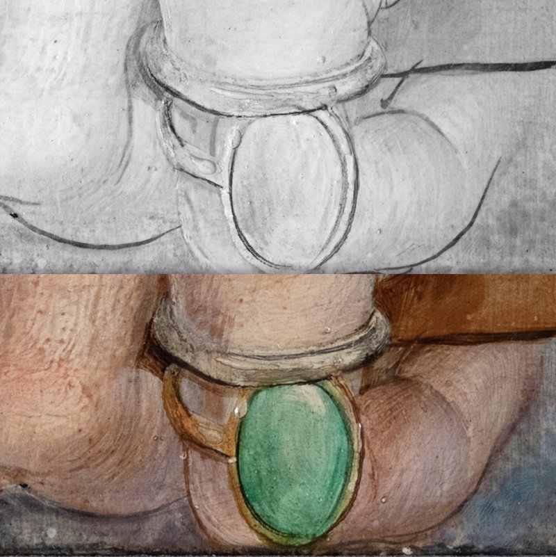 Comparativa de la imagen infrarroja e imagen visible de la obra de Dix "Hugo Erfurth con perro"