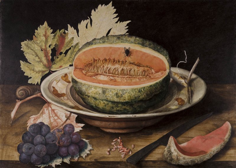 Giovanna Garzoni. Naturaleza muerta con melón en un plato, uvas y un caracol, c. 1650 
