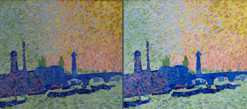 Comparative detail of André Derain's “Waterloo Bridge”, before and after restoration