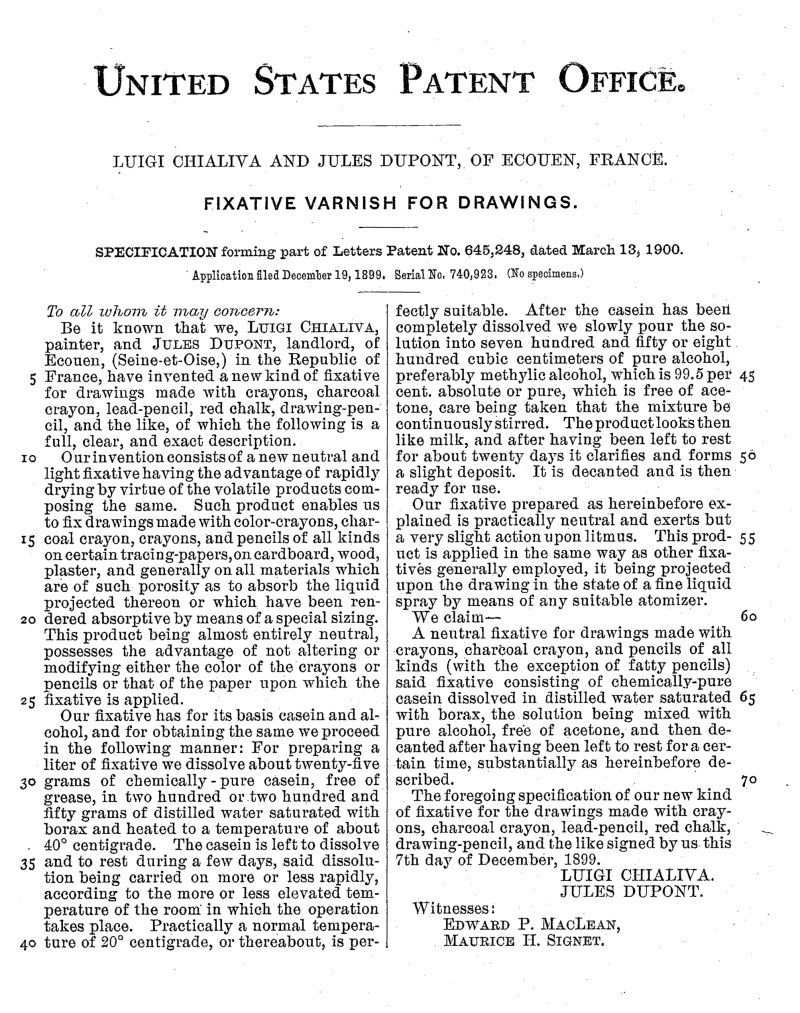 Patent document for the fixative created by painter Luigi Chialiva