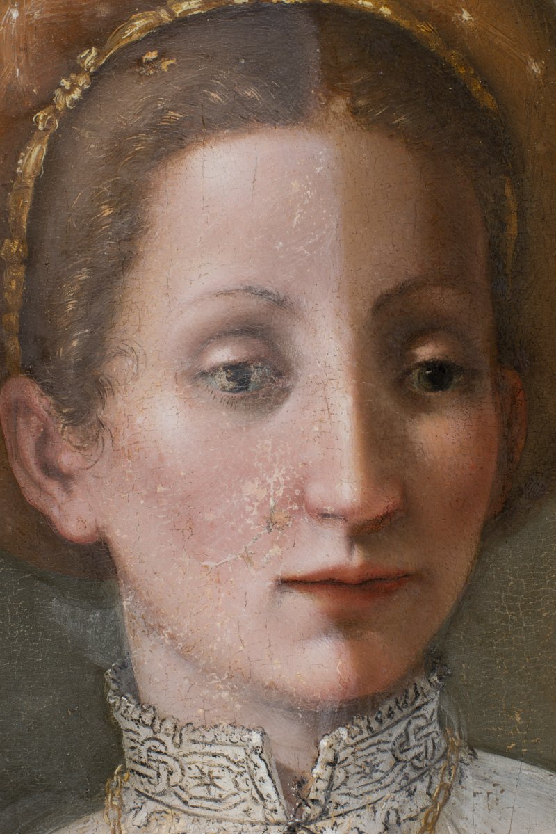Detalle de intervención de restauración aplicada a la pieza obra de Pier Francesco Foschi “Retrato de una dama”