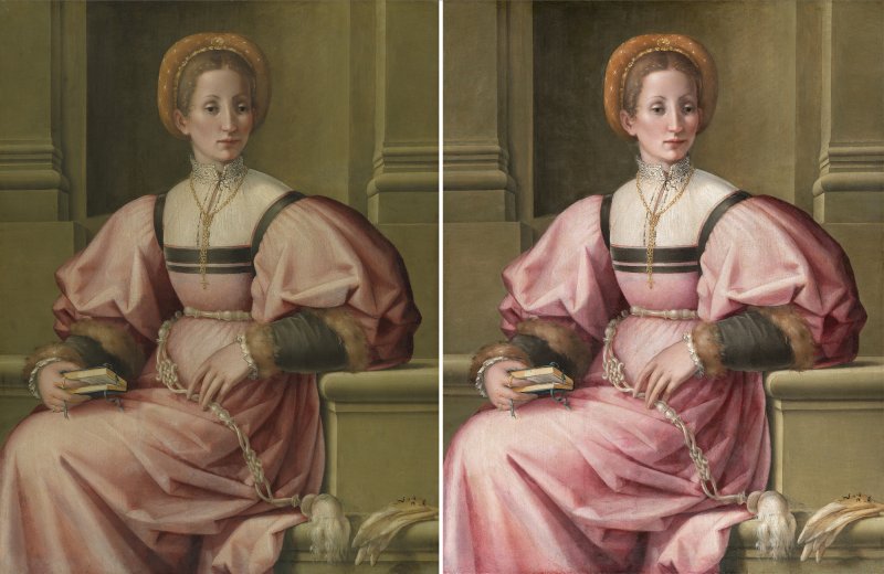 Imagen comparativa de antes y después de la restauración de la obra “Retrato de una dama” de Pier Francesco Foschi
