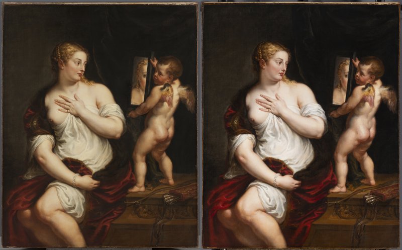 Imagen comparativa de la restauración de la obra de Rubens, “Venus y Cupido”