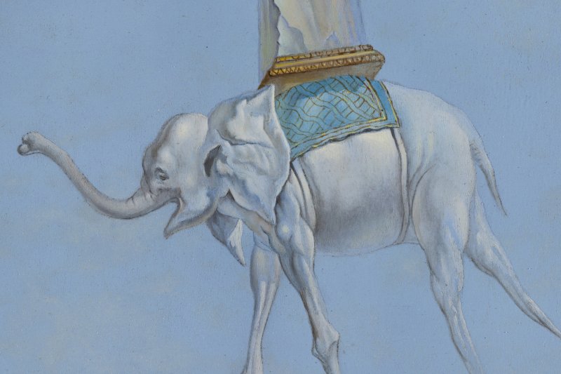 Detalle de la figura del elefante en la obra “Un segundo antes del despertar de un sueño provocado por el vuelo de una abeja alrededor de una granada”, de Salvador Dalí