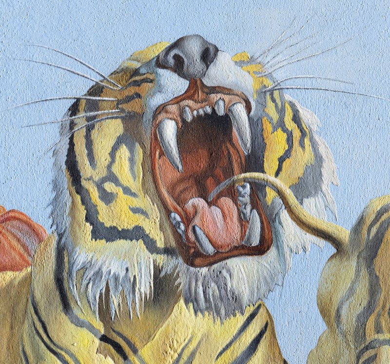 Detalle de uno de los tigres presentes en la composición de Salvador Dalí “Un segundo antes del despertar de un sueño provocado por el vuelo de una abeja alrededor de una granada”,