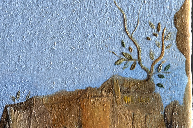 Detalle del paisaje la obra “Un segundo antes del despertar de un sueño provocado por el vuelo de una abeja alrededor de una granada”, de Salvador Dalí