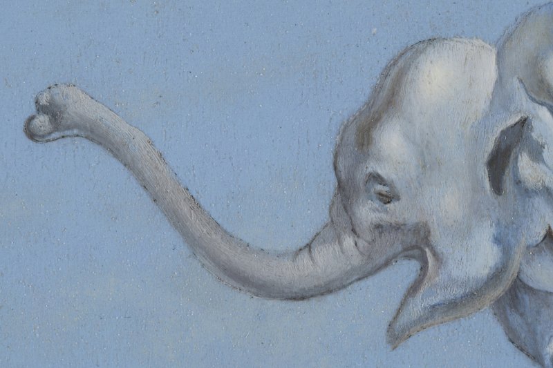 Detalle de la figura del elefante en la obra “Un segundo antes del despertar de un sueño provocado por el vuelo de una abeja alrededor de una granada”, de Salvador Dalí