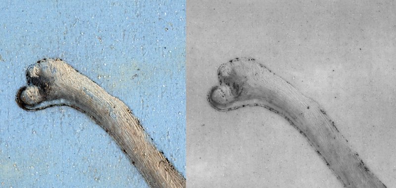 Detalle del doble trazo generado por el sistema de transferencia del dibujo empleado por Dalí