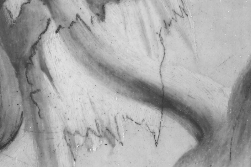 Detalle en reflectografía infrarroja del trazo del dibujo ejecutado sobre la superficie pictórica.