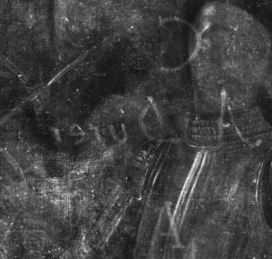 Detalle de la radiografía donde se aprecia la inscripción, oculta por las capas de pintura de la obra de Carpaccio
