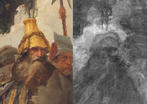 Detalle comparativo de imagen visible y radiografía de "La muerte de Jacinto" de Giambattista Tiepolo