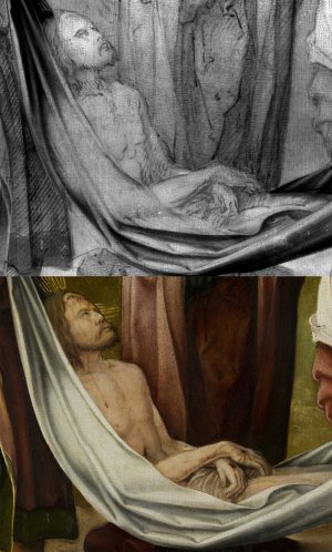 Comparative detail of infrared reflectography and visible image of Burgkmair's painting "Christ's Body Carried to the Tomb"