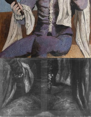 Detalle de la imagen visible y la radiografía de la obra "Arlequín con espejo", de Picasso